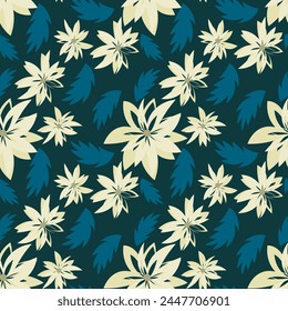 Chic floral art seamless pattern. Beautiful abstract flowers and leaves of different sizes are arranged randomly on the surface. Vector.