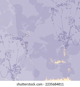 chic floral  background with botanical floral motifs and gold foil touch in purple lilac color palette