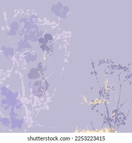 chic floral  background with botanical floral motifs and gold foil touch in purple lilac color palette