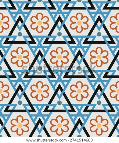 Chic floral geometric seamless pattern. Overlapping art forms, stripes, polygons, segments are grouped and arranged in a certain order. Vector. 