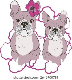 Chic francês Bulldog meninas com flor rosa alstroemery. Impressão em T elegante com um visual desenhado à mão - perfeito para crianças, amantes de cães e outras pessoas criativas