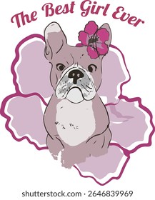 Chic French Bulldog illustration with pink hibiscus flowers. Trendy tee print with a hand-drawn look—perfect for dog lovers and fashionistas