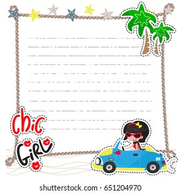 Chic girl drive a car on the beach with note paper template vector.