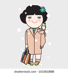 Chic Girl In Trendy Winter Outfit Standing In Falling Snow Concept Card Character illustration