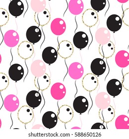 Chic glamour party balloons seamless vector pattern. Birthday pink, white and black background with gold glitter details.