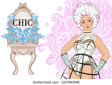 Chic and glamour party invitation design. Illustration with pretty girl and decorative elements. 19th century dress fashion. High detailed vector artwork graet for print, poster, t shirts, magazines.