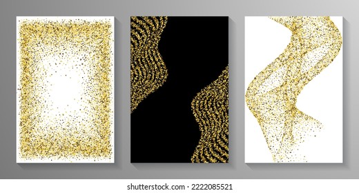 Chic gold confetti dot scatter texture. Triangle square circle star elements illustration. Party materials. Glowing scruple granules dust confetti. Party decoration stardust explosion