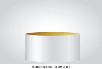 Chic gold-accented cylinder podium, ideal for award ceremonies, gallery displays, or upscale event branding. Neutral palette for versatile styling.