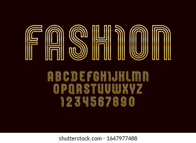 Chic golden font, fashion alphabet of line, capital letters from A to Z and numbers from 0 to 9 for you designs: logo, t-shirt, poster, greeting cards, fashion banner, vector illustration 10EPS