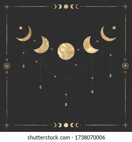 chic golden luxurious retro vintage engraving style. image of the sun and moon phases. culture of accultism. Vector graphics