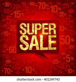 Chic golden super sale poster design, bright red fashion backdrop with discounts, red speech bubble