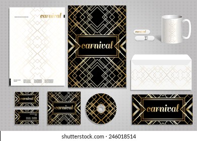 Chic Golden Vector Set In The Style Gatsby Corporate Identity, Corporate Branding Concept Design Template Idea For A Letter Of Invitation, VIP Cards, Menu Design, Carnival Celebration