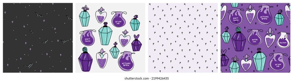 Chic Halloween clipart and background set in lilac and mint girly colors with witches brew pot and glamorous glass potion bottles. Cartoon style seamless patterns.