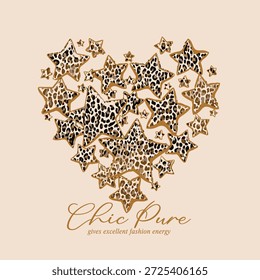  A chic heart shape formed by hand-drawn stars, enriched with a bold leopard pattern with Chic pure slogan, vector illustration, for t-shirt graphic.