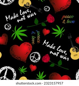 Chic hippie seamless pattern. Cannabis leaves, red hearts, roses, acoustic guitars, signs and inscriptions are randomly arranged on a black background. Vector.
