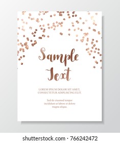 Chic holiday card with rose gold glitter polka dot confetti on white background.