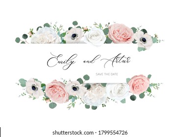 Invitación a la boda de marfil blanco y melocotón, invitación, guardar el diseño de la tarjeta de fecha. Flor de rosa de peonía, flores anemónicas tiernas, dólar plateado, hojas de eucalipto verde, color de agua, estilo, marco elegante