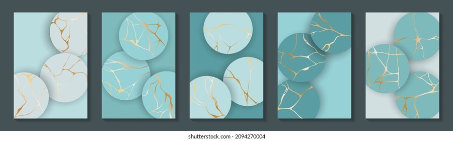 Chic kintsugi art gold brocken line patterns vector collection. Brochure cover pages with kintsugi japanese art foil ornaments. Crack brocken line ornaments on round backgrounds.