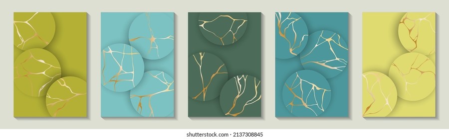 Chic kintsugi art gold brocken line patterns vector collection. Brochure cover pages with kintsugi japanese art foil patterns. Crack brocken line ornaments on circle backgrounds.