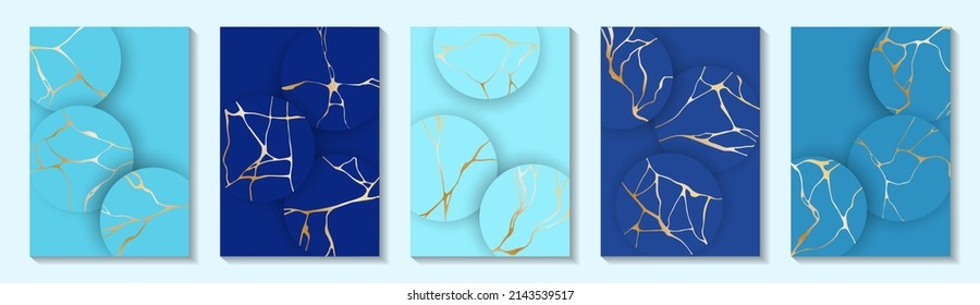 Chic kintsugi art gold brocken line patterns vector collection. Booklet cover pages with kintsugi japanese art golden patterns. Crack brocken line backgrounds. Cover page layouts.