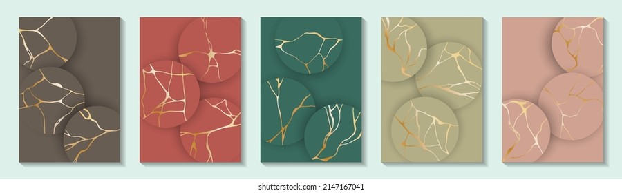 Colección vectorial de patrones de línea de brocken de oro de arte kintæ. Portadas de folletos con patrones de oro del arte japonés kintnerskjanés. Ornamentos de línea de broche de raqueta. Plantillas de póster.