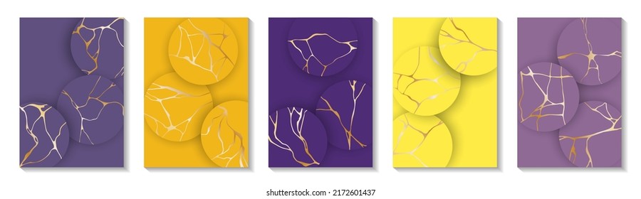 Chic kintsugi art gold brocken line patterns vector collection. Brochure cover pages with kintsugi japanese art golden ornaments. Crack brocken line ornaments on round backgrounds.