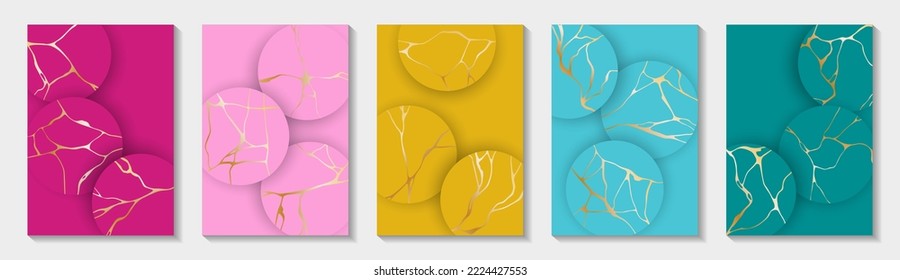 Chic kintsugi art gold brocken line patterns vector collection. Brochure cover pages with kintsugi japanese art foil ornaments. Crack brocken line ornaments. Cover page templates.