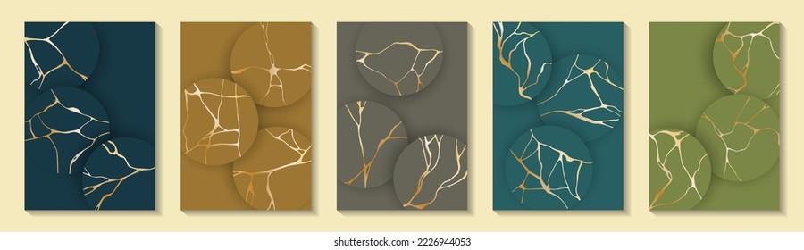 Chic kintsugi art gold brocken line patterns vector collection. Brochure cover pages with kintsugi japanese art foil patterns. Crack brocken line ornaments. Banner templates.