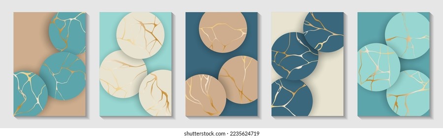 Chic kintsugi art gold brocken line patterns vector collection. Brochure cover pages with kintsugi japanese art foil patterns. Crack brocken line ornaments on ball shape backgrounds.
