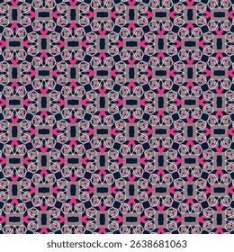 Chic lattice seamless pattern with curls. Overlapping art forms, stripes, polygons, segments are grouped and arranged in a certain order. Vector. 