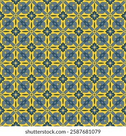 Chic lattice seamless pattern in yellow and gray tones. Overlapping art forms, stripes, polygons, segments are grouped and arranged in a certain order. Vector. 