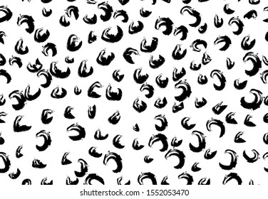 Chic Leopard Skin Print. Stylish Animal Pattern. Black Textured Spots on White Background. Leopard Seamless Vector Design. Cheetah Ornate Texture. Fashion Fabric Design. Trendy Leo Print. 