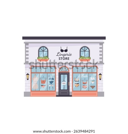 Chic lingerie store building. Elegant facade with display windows showcasing bras, panties and mannequin. Isolated flat illustration on white for apps, web design, fashion retail and boutique themes.