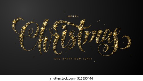 Chic and Luxury Calligraphic "Merry Christmas" Inscription made of Gold Stars and Beads on Black Background.