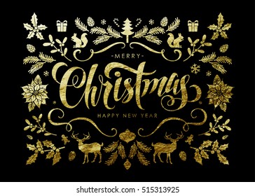 Chic and Luxury Christmas Postcard with Gold Foil Christmas Elements and Handwritten Calligraphic "Christmas" Inscription on Black Background.