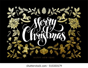 Chic and Luxury Christmas Postcard with Gold Foil Christmas Elements and Handwritten Calligraphic "Christmas" Inscription on Black Background.