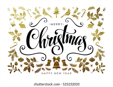 Chic and Luxury Christmas Postcard with Gold Foil Christmas Elements and Handwritten Calligraphic "Christmas" Inscription on Black Background.