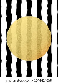 Chic and luxury postcard with gold glitter foil greeting card. Black stripes, golden glittering circle element. EPS 10