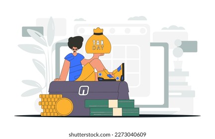 Un hombre chic volvió a golpear en su mano una bolsa de impuestos. Ilustración gráfica sobre el tema de los pagos fiscales.