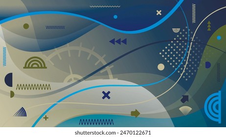 Elegante Fondo de pantalla estilo Memphis en colores neón. Composición de Formas geométricas superpuestas, bandas onduladas y mezcla de colores. Vector.