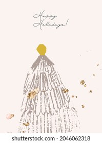 Chic  Merry Christmas greeting card or postcard with decorative xmas cute little elements.  Winter holidays seasons greetings. Christmas trees,  pine branches, ball toys, etc. 