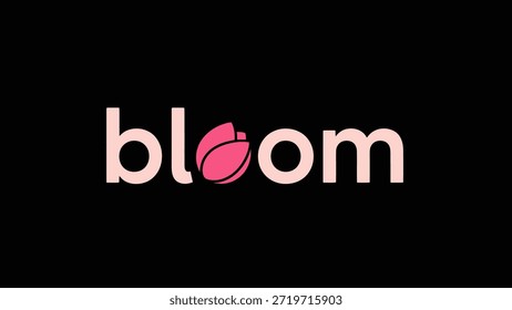 A chic and minimalist logo featuring the word 'bloom' in a soft pink hue, with the 'o' replaced by a stylized pink flower bud, presented on a stark
