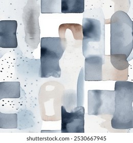 Chic Modern Blue Beige Grey White Abstract Geometric Squares Watercolor Scandinavian Design Seamless Pattern Wallpaper Curtain Bedding Upholstery Fabric Pastel Gift Wrapping Paper Background Vector
