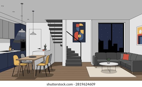 Chic modern split-level apartment interior features a dining kitchen and cozy living area under hanging lights at night.