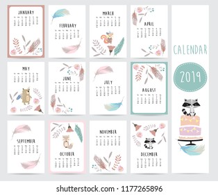 Chic monthly calendar 2019 with feather,bear,skunk,cake,flower and wild in boho and bohemian style