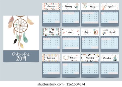 Chic monthly calendar 2019 with tent,whale,feather,arrow,dreamcatcher,bear,rabbit,cake,flower and wild in boho and bohemian style