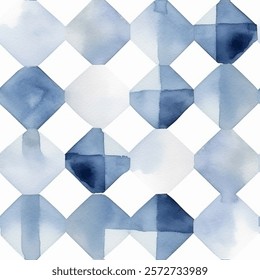 Chic Mosaic Blue French Grey White Abstract Geometric Watercolor Scandinavian Design Seamless Pattern Wallpaper Curtain Bedding Upholstery Fabric Pastel Gift Wrapping Paper Background Vector