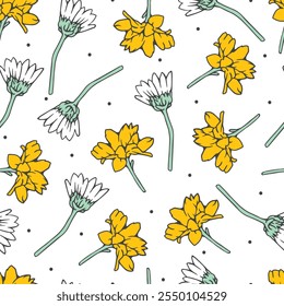 Chic Nature Spring White and Yellow Flower Pattern. Perfect for a variety of uses such as fabric prints, wallpaper, or digital backgrounds. Adding a touch of nature-inspired beauty