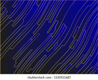 Chic Navy and black background with gold stroke. Dynamic pattern with wavy geometric shapes.  