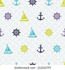 Chic navy seamless pattern with ships, anchors and helm. Vector illustration.